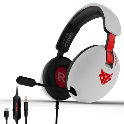 EvoFox Hyperion Gaming Headphones with Mic - White, 50mm Drivers, Immersive Surround Sound, Retractable Mic, Wired (3.5mm + Type-C), Inline Controls, Durable Build with Over Ear Swappable Ear Pads