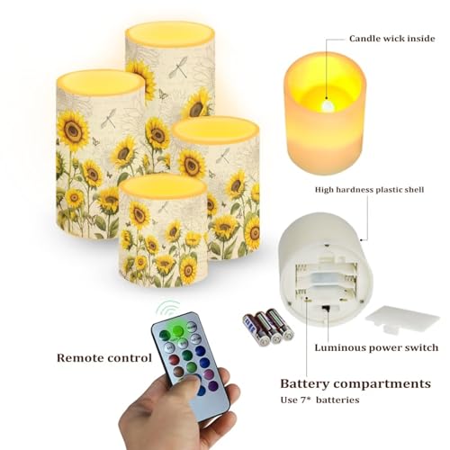 Image of Flameless LED Candles Electric Candle Set with Remote Timer Color Changing Control Long Lasting for Table Centerpiece Home Indoor Decoration Pack of 4, Sunflower Dragonfly Retro