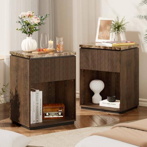 Fluted Nightstand Set of 2, Wooden End Table Bed Side Table with Drawer&Faux Marble-Top, Mid Century Modern Fluted Night Stand with Rounded Edge for Bedroom, Living Room, Office, Walnut Brown