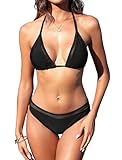 ZAFUL Women's Sheer Mesh Bikini Halter Triangle Bikini Tie Back High Waisted Bikini Set Two Piece Swimsuit Bathing Suits (1-Mesh Black, XL)