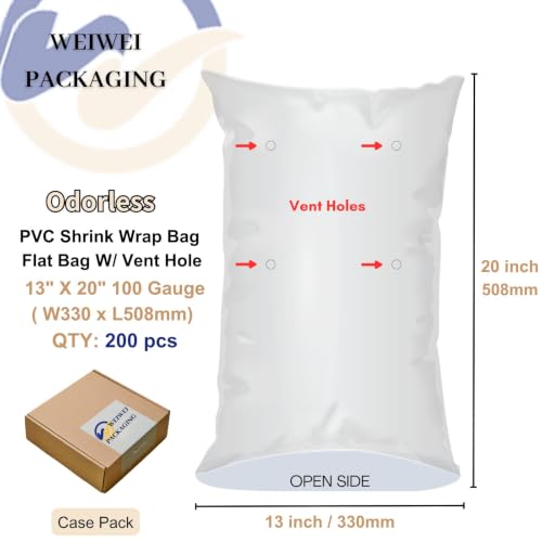 Image of Weiwei - 200PCS 13 X 20 inch Odorless PVC Heat Shrink Wrap Bags 100 Gauge with Vent Hole