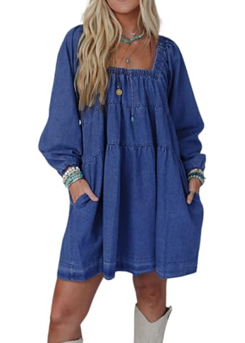 utcoco Women 2025 Trendy Casual Square Neck Denim Dress Tie