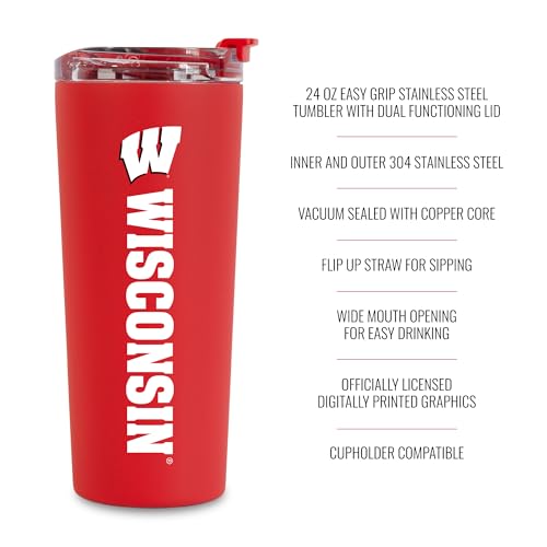 Image of Rico Industries NCAA Wisconsin Badgers Standard 24oz Stainless Steel Tumbler with Lid and Dual Functioning Lid