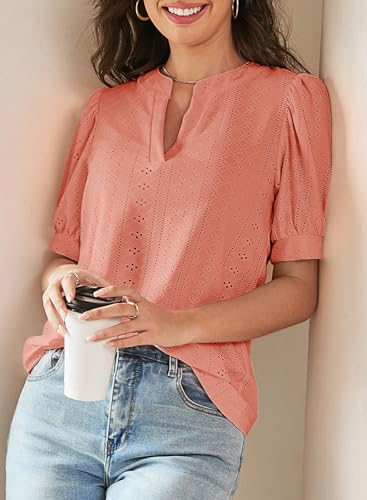 Image of Dokotoo Womens Blouses V Neck Puff Short Sleeve Business Casual Tops