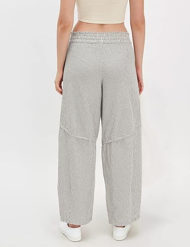 Women's Striped Barrel Pants Drawstring Waist Wide Leg Trousers Pockets Casual Comfort for Office Lounge Travel(Ivory-M)2
