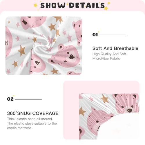 Image of Pink Bears Stars Crib Sheets Stretchy Portable Sheets for Baby Toddler Breathable Soft Crib Mattress Sheet for Girls Boys