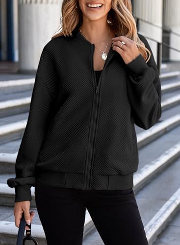 EVALESS Womens Bomber Jacket Coat Casual Stand Collar Zip Up Lightweight Fall Fashion Jackets Outfits with Pockets2