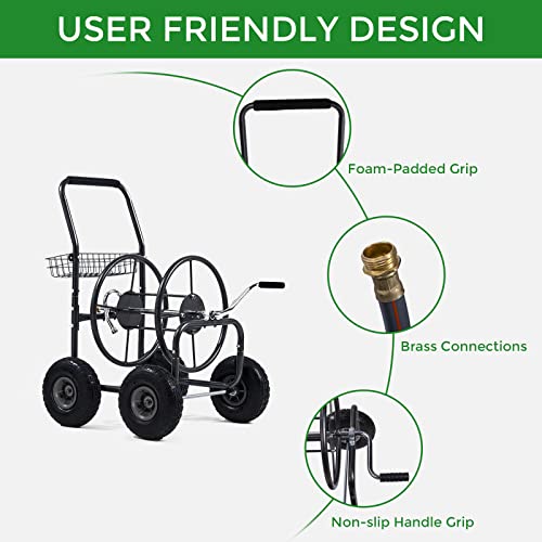 Laurel Canyon Garden Hose Reel Cart, Heavy Duty Hose Reel Cart With 4 Wheels, Storage Basket Design, 6' 5/8" Leader Hose Include, Holds 250-Feet Of 5/8" Hose Capacity For Garden & Yard, Black #TOP4