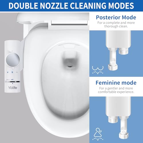 Yolife Bidet, Ultra-Slim Bidet-Aufsatz für Toilette mit Nicht Elektrischer Selbstreinigender Doppeldüse (Hintere/Weibliche Reinigung), Einstellbarer Wasserdruck(Mit 2m Schlauch)