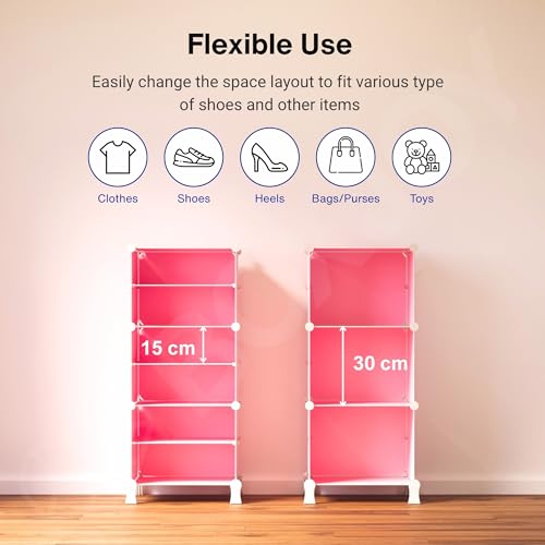 Image of BOXJOY 6 Shelf Shoe Rack with 3 Doors, Magnets, 5 Hook Steel Holder & Wooden Hammer for Home Storage PP Plastic Organizer with Metal Door Frame to Cover Chappal Slipper Sandals Shoes Box Stand (Pink)