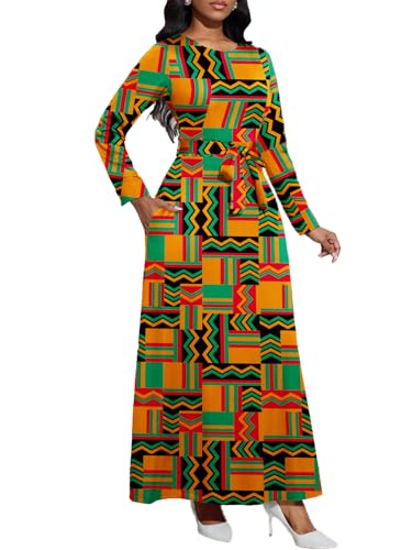 Image of BubFee Long Dress for Women Casual Long Sleeve Dresses Maxi Dress Empire Waist Loose with Belt