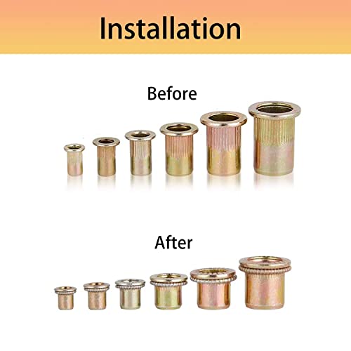 Boyiksh R-003 Rivet Nut, 100 Pieces 3/8-16Unc Carbon Steel Flat Head Rivnut Threaded Insert Nut,Yellow Zinc Plating… thumb #3