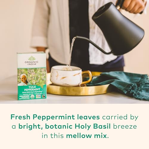 Organic India Tulsi Peppermint Herbal Tea - Stress Relieving & Refreshing, Immune Support, Aids Digestion, Vegan, USDA Certified Organic, Fairtrade, Caffeine-Free - 18 Infusion Bags, 1 Pack
