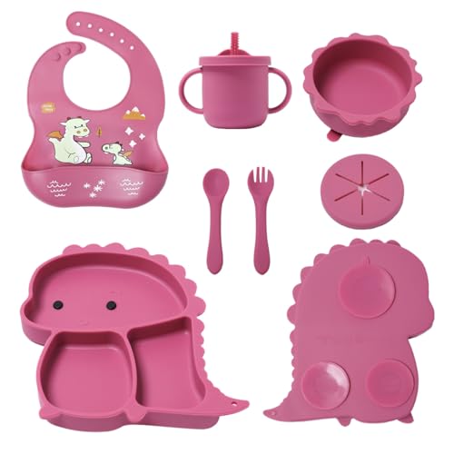 Image of Silicone Baby Feeding Set, Baby Led Weaning Supplies, Eating Essentials Utensils with Suction Plate and Bowl, Pocket Bib, Sippy Cup with Lid, Forks Spoons Snack Container (Rose Pink) 6M+