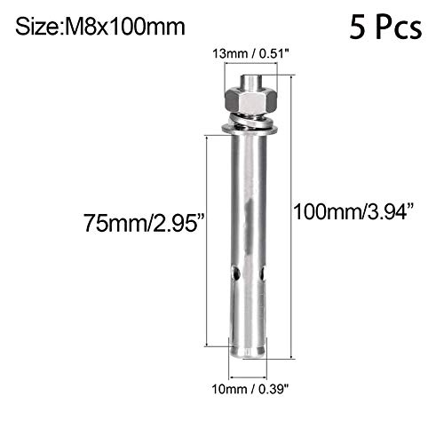 Image of 5 Pcs M8 x 100mm 304 Stainless Steel Expansion Bolt External Hex Expansion Screw Bolt Sleeve Anchor,Pool Safety Cover Expansion Bolts,for Concrete