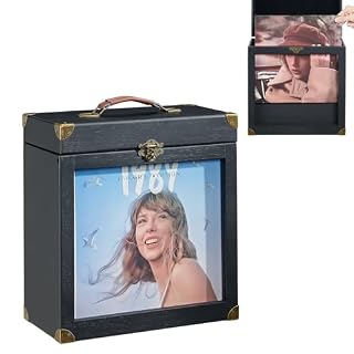 Vinyl Record Storage, Solid Wood Vinyl Record Box with Display Window Fits Standard Records- 7/10 Inch, (Upgrade Latch) Record Storage Case Hold 30-35 Records (Black) - Les Beatles, Paul McCartney, John Lennon, RIngo Starr, George Harrison