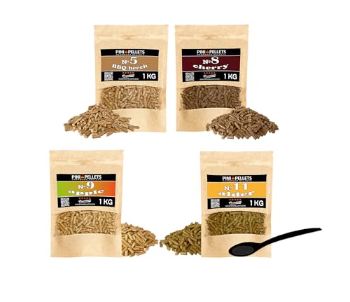 PINI Juego de pellets de madera natural, 4 unidades, 1 kg, para ahumador, selección de 4 variedades, pellets de haya nº 5, pellets de cereza nº 8, pellets de manzana nº 9, pellets de aliso nº 11