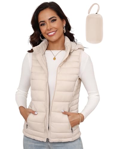 SLOW DOWN Womens Lightweight Puffer Vest, Womens Winter Packable Vest, Womens Puffy Vest with Removable Hood and Zip Pockets (Beige,M)