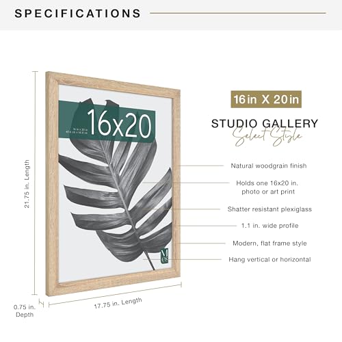 MCS Studio Gallery 16x20 Poster Frame Natural Woodgrain, Vertical & Horizontal Wall Hanging Large Picture Frame for Photos, Posters & Art Prints (1-Pack)