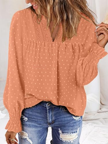 BETTE BOUTIK Women Boho Long Sleeve Shirts Dressy Casual V Neck Fall Fashion Tops Swiss Dot Flowy Blouses