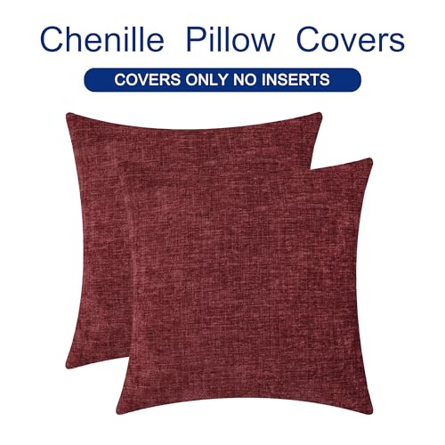 Image of Pack of 2 CaliTime Throw Pillow Covers Cases for Couch Sofa Home Decor, Solid Dyed Soft Chenille, 18 X 18 inches, Burgundy