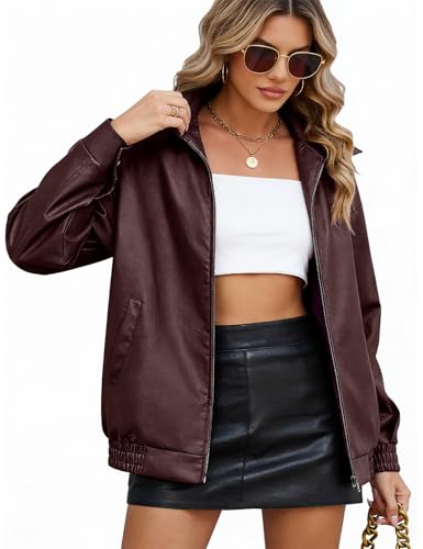 CMTOP Veste Femme Cuir Blouson Femme PU Simili Cuir, Décontractée Mode Y2K Veste mi Saison, Motard Biker Bombers Blousons Léger Zippé Jacket avec Poches pour...