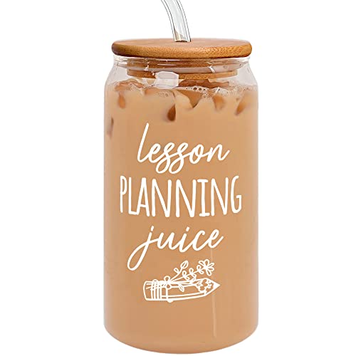 Teacher Appreciation Gifts - Birthday, Valentines, Back To School, Thank You Gifts for Teachers Women - Preschool Daycare Teaching Glass Cup with Lid, Straw & Brush for Women - 16 Oz Can Glass