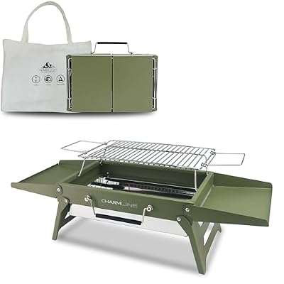 Charmline 14x9inch Desktop Charcoal Grill, Liftable Grilling Net, Saving Space Grill for Indoor and Outdoor, BBQ Grill for Camping, Gardens, Picnics, Beach Parties, Green