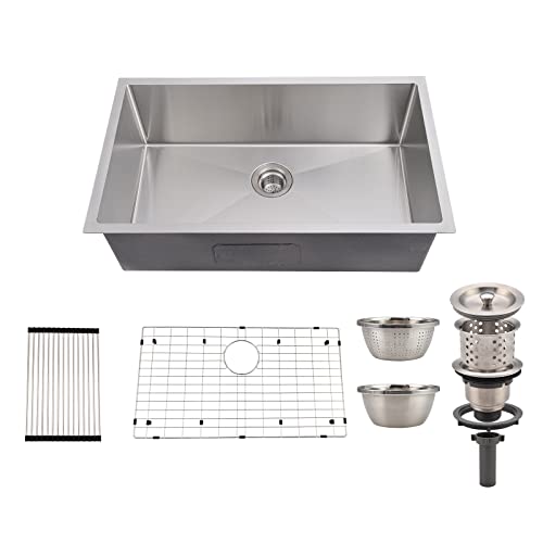 Homfan 32 Inch Kitchen Sink For Single Bowl,Undermount Kitchen Sink Stainless Steel Sink 16 Gauge Kitchen Sinks With Accessories, Easy Drain And Low Noise 32" X19" X10" (Brushed Nickel) #TOP26