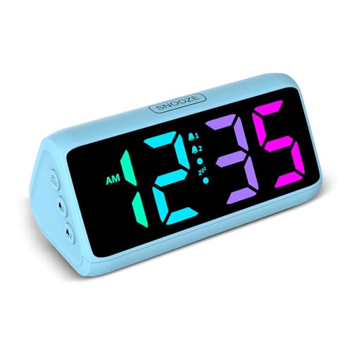 Lauter Wecker für Tiefschläfer, Digitalwecker mit Bunte Display, Doppelalarm, 5 Helligkeitsdimmer, 4 Lautstärken, Abschalt-Speicher, Wecker Nachttisch für Kinder Jugendliche Ältere Schwerschläfer