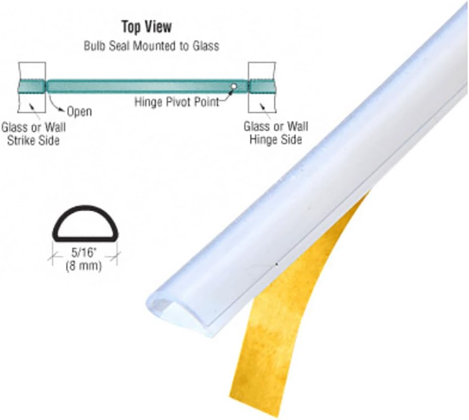 CR* S1LBT2 Shower Door Translucent Silicone Bulb Seal with Pre-Applied Tape for 1/16" to 3/16" Gap - 95 in Long