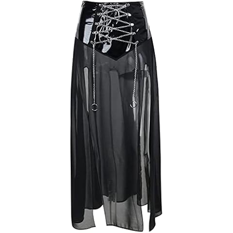 Agoky Women's Gothic Black Sheer High Waisted Maxi Skirt Side Split Faux Leather Cover Ups Skirts Rave Club Wear Black L Cover