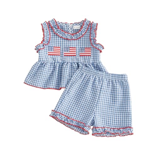 MoZiKQin Toddler Baby Girl Summer Clothes Waffle Ruffle Sleeveless Tank Tops and Shorts Set 2 Piece Outfits Girls Clothing (Fourth of July Flag-Blue 2-3T)
