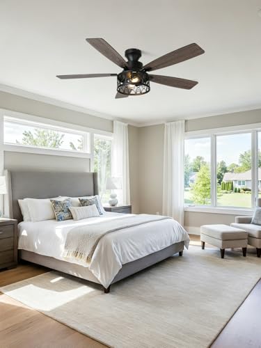 Image of 52 inch Farmhouse Rustic Flush Mount Caged Ceiling Fan with Light