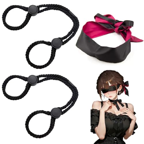 拘束具 女性用 SMグッズ アイマスク 目隠し付き 手錠 調教 束縛具 麻縄風 コスプレ アダルトグッズ 手枷 足枷 大人のおもちゃ 強制 刺激 多体位 正常位 後背位 M字開脚 調節可能 柔らかい 簡単 初心者 カップル 夫婦 深めの姿勢サポート 男女兼用 ロープ手錠足錠プレイ用 秘密梱包 (ブラック*2+目隠し) - 画像1
