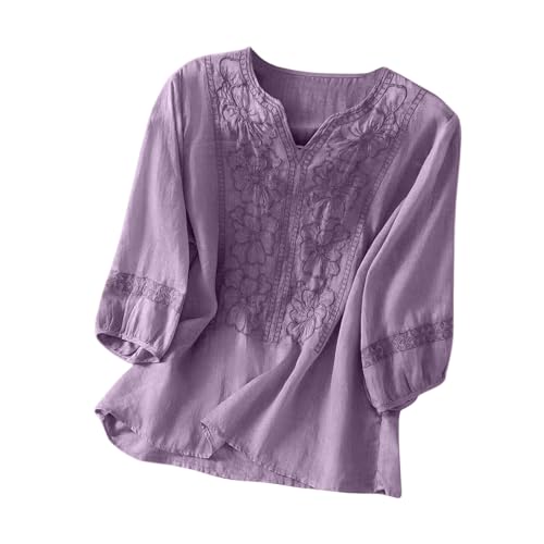 Blouse femme en coton lin brodé col V et manches courtes fluide pour l'été