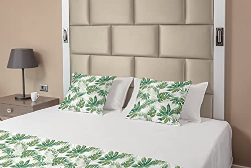 Lunarable Hawaiian Bed Runner Set, Monstera Or Palm Leaves On A Plain Background, Decorative Bedding Scarf And 2 Pillow Shams For Hotels Homes, Queen, Green Jade #TOP1