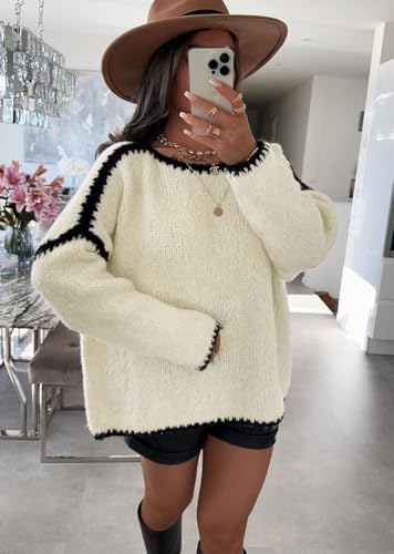 Image of chouyatou Women's Fall Color Block Sweater Casual Loose Crewneck Knitted Pullover Jumper Tops
