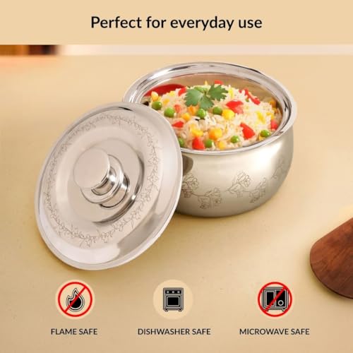 Image of Nestasia Stainless Steel Insulated Casserole with Lid (1500 ml) - 100% Food Safe Casserole for Roti Hot Case with Floral Vine Pattern - Keeps Food Hot & Cold | Rust Resistant & BPA - Free