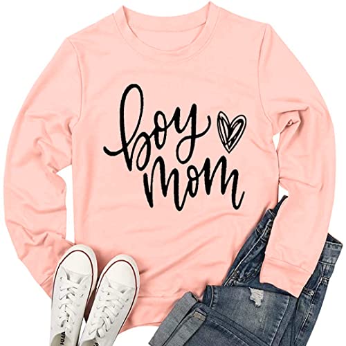 Boy Mom Sweatshirt For Women Fall Winter Long Sleeve Pullover Sweatshirt Loose Casual Crewneck T-Shirt Tops (Xx-Large, Pink) #TOP1