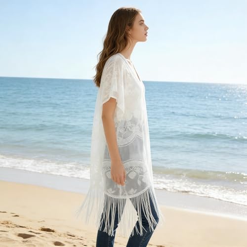 Bwuikim Modischer, vorne offener Strand Coverup Kimono, Langer Strand Cardigan mit Fransen und Spitze für Sonnenbaden, Poolpartys, Freizeitausflüge, durchsichtiges Saisonkleid-8