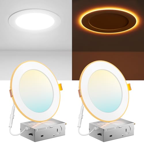 Amico 2 Pack 6 Inch 5CCT LED Recessed Ceiling Light with Night Light 2700K/3000K/3500K/4000K/5000K Selectable Ultra-Thin Lighting 12W=110W 1100LM Dimmable Canless Wafer Downlight ETL&FCC