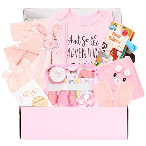 Defresit 13Pcs New Mom Gifts for Women Newborn Gift with Swaddle Blanket & Pink Bunny Baby Gift Basket for Couple New Parents Baby Shower Gender Reveal First Time Mom & Dad Essentials