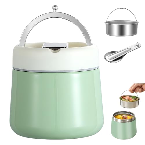 GOEDCH Contenitore termico per alimenti 1200ml: Verde Contenitore termico in acciaio inox con cucchiaio pieghevole, Thermos con coperchio, Thermo Lunchbox per scuola, ufficio, contenitore termico per