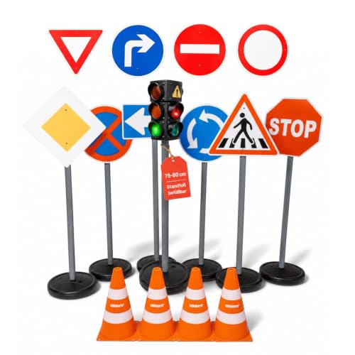 alldoro 60230 XXL-Verkehrsset mit Ampel 10 Verkehrsschildern (75 cm) & 4 Pylonen Verkehrserziehung für Kinder Indoor & Outdoor Orange