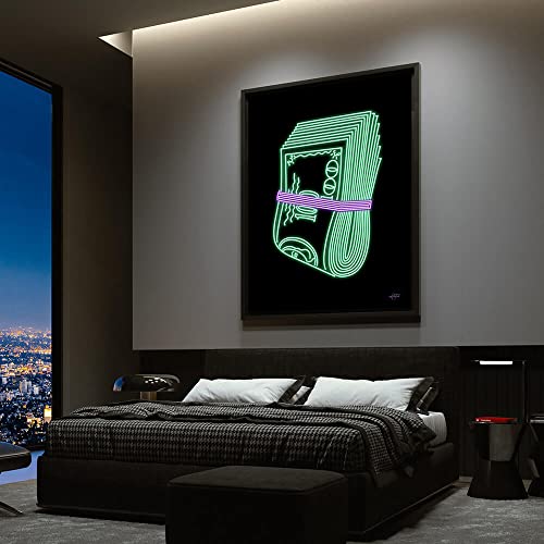 Inktuitive Neon Wad 100 Dollar Bill Money Inspirational Canvas Wall Art | Motivational Decor for Bedroom, Living Room & Business Office | 24 x 18 Inches Black Frame2