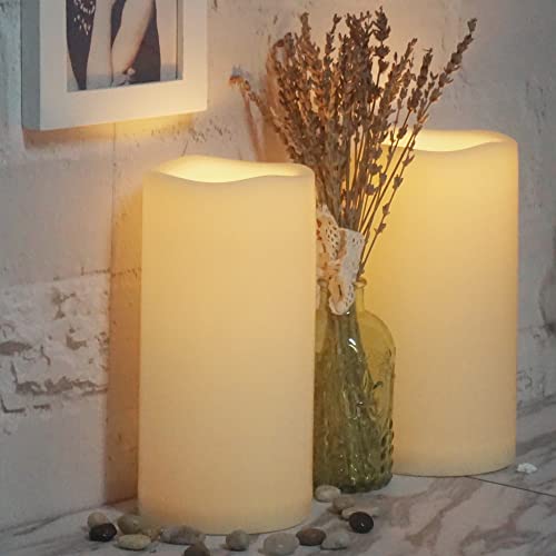 Image of CANDLE CHOICE Large Waterproof Outdoor Battery Operated Flameless Candles Remote Timer Big Ivory Plastic Bright Flickering Electric LED Pillars Lantern Patio Garden Wedding Decoration 4 inch(D)x8 inch(H) 2PCS
