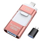 Plusysee Flash Drive for iPhone, 3 in 1 iPhone USB Flash Drive, USB 3.0 High Speed Jump Drive Memory Stick with 4 USB Ports, Thumb Drives Photo Stick for iPhone/iPad/Android/PC-128GB, Rose Gold