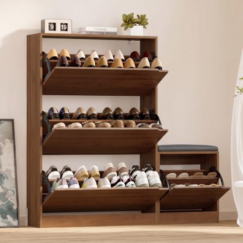 Image of BORNOON Shoe Cabinet with Bench and 3 Flip Drawers, Slim Narrow Shoe Storage Cabinet, Freestanding Shoe Rack Organizer with Adjustable & Removable Shelves, Anti-Tip for Entryway, Hallway, Foyer