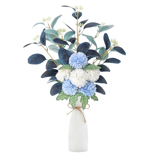 UXORSN Ramo de flores artificiales de hortensias blancas y azules, flores de seda, hojas de eucalipto, arreglos florales para centros de mesa, decoración del hogar y boda (sin jarrón)